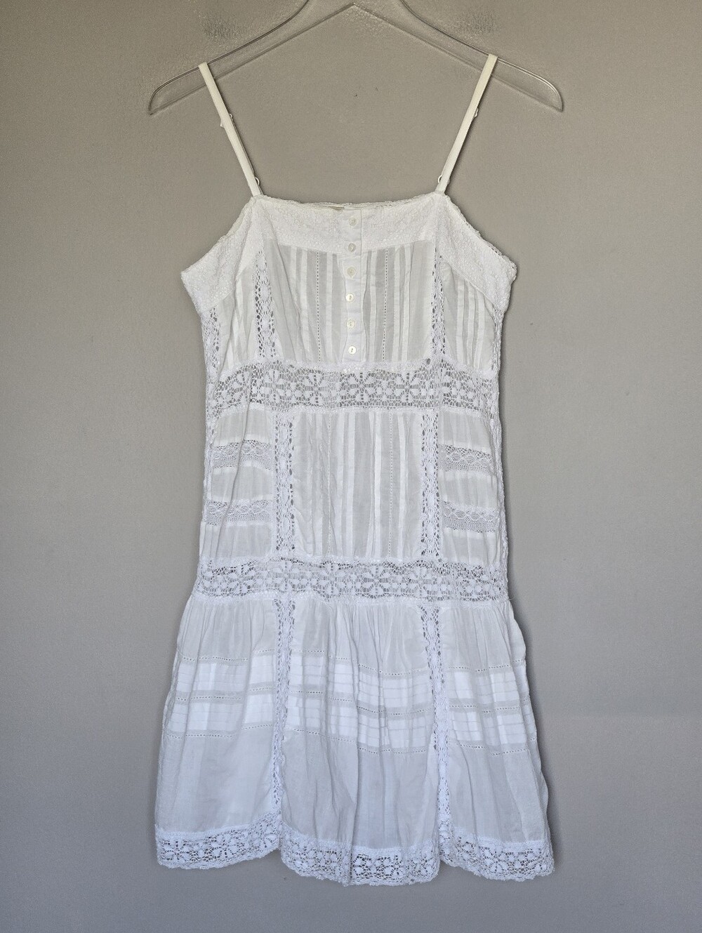 Boho Western Babydoll Lace-Trim Spaghetti Strap Sheer Mini Dress in White Size S - Picture 2 of 10